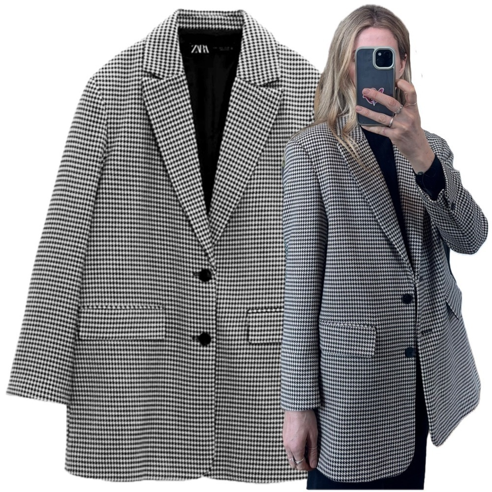 NWT Zara Houndstooth Black White Oversized Knit Blazer Jacket